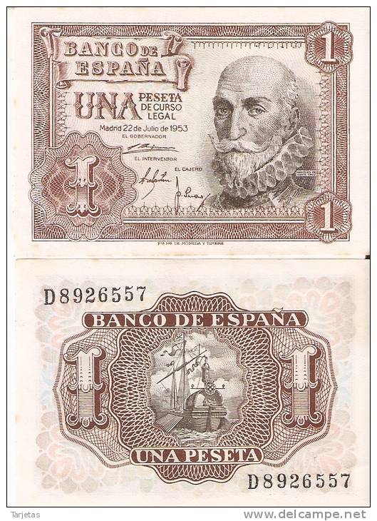 LOTE DE 2 BILLETES CORRELATIVOS DE 1 PTA DEL AÑO 1953 CALIDAD EBC+ SERIE D - 1-2 Peseten