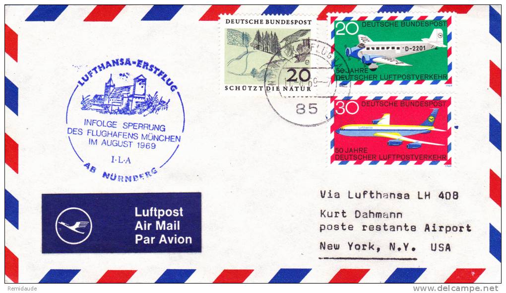 LUFTHANSA - NÜRNBERG à NEW YORK (USA) - 1973 - ENVELOPPE 1° VOL - Erst- U. Sonderflugbriefe