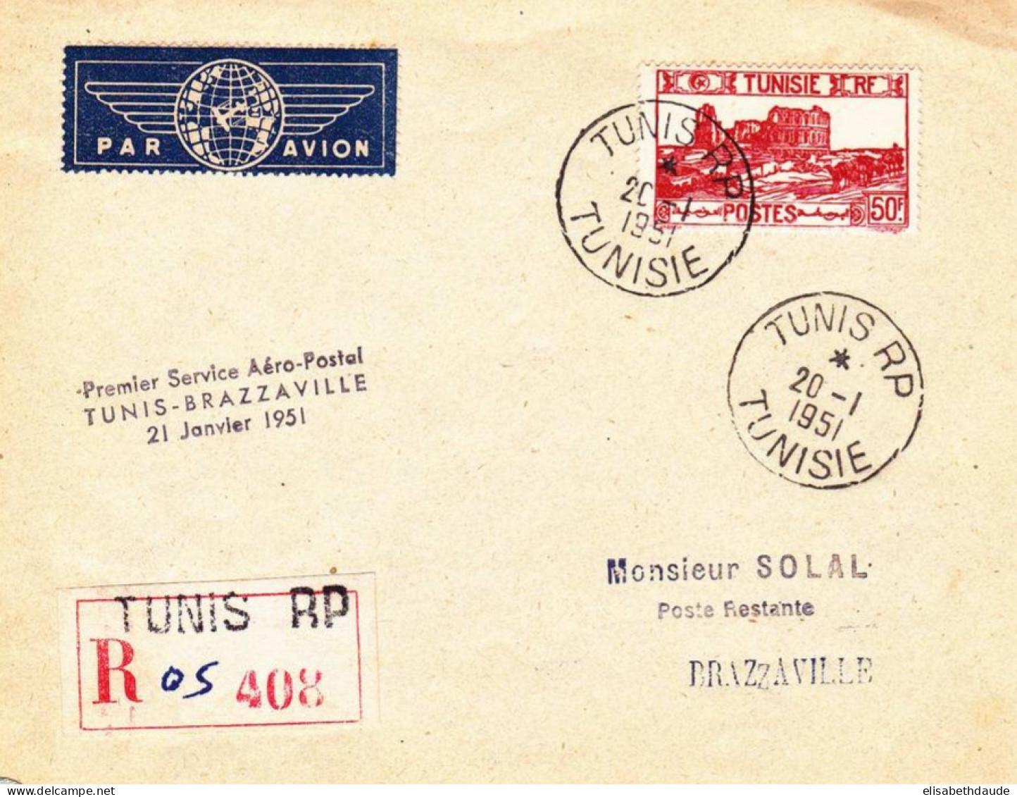 TUNISIE - 1951 - ENVELOPPE RECOMMANDEE 1° VOL De TUNIS à BRAZZAVILLE (AEF) - Brieven En Documenten