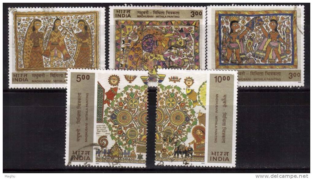 India Used Set Of 5,  2000, Madhubani Painting, Elephant, Flute Music, Etc., - Used Stamps