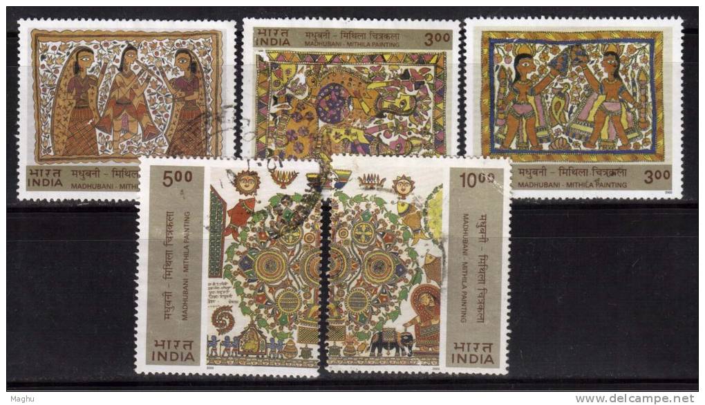 India Used Set Of 5,  2000, Madhubani Painting, Elephant, Flute Music, Etc., - Oblitérés