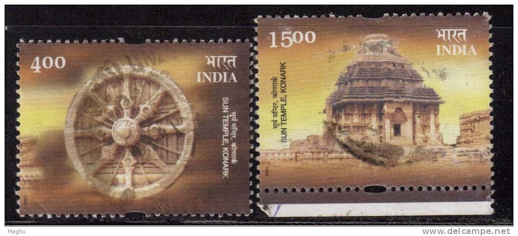 India Used 2001, Set Of 2, Conservation Konark Sun Temple, Hindu Religion, Architecture, - Oblitérés