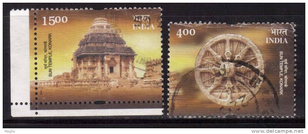 India Used 2001, Set Of 2, Conservation Konark Sun Temple, Hindu Religion, Architecture, - Oblitérés