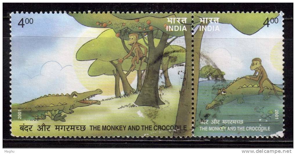 India Se-tenent Used, Pair, Stories From Panchatantra, Crocodile, Monkey, Tree, - Oblitérés