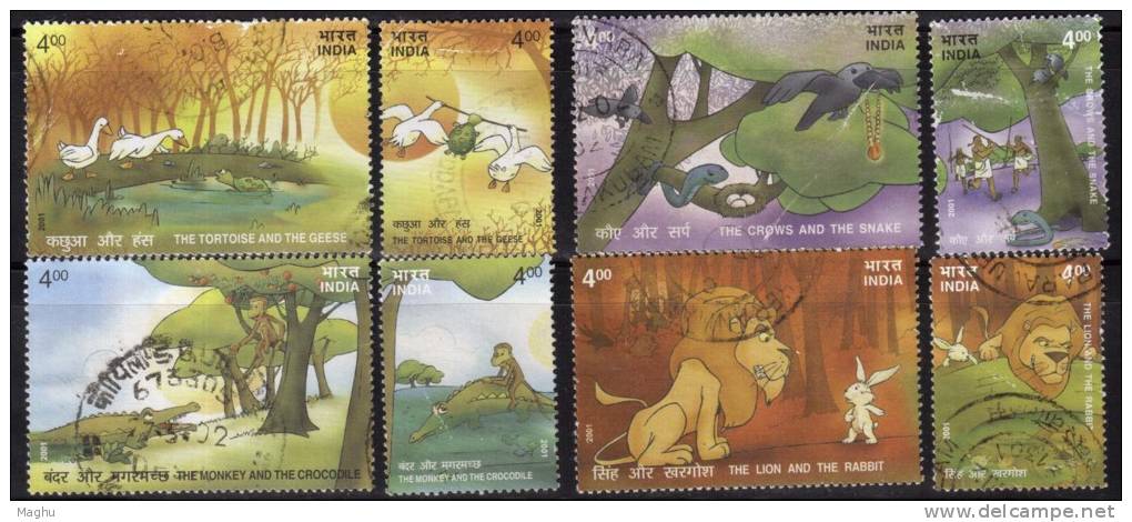 India Used, 2001, Set Of 8, , Stories From Panchatantra, Aminals, Lion, Rabbit, Snake, Bird Crow, Monkey, Crocodile - Used Stamps