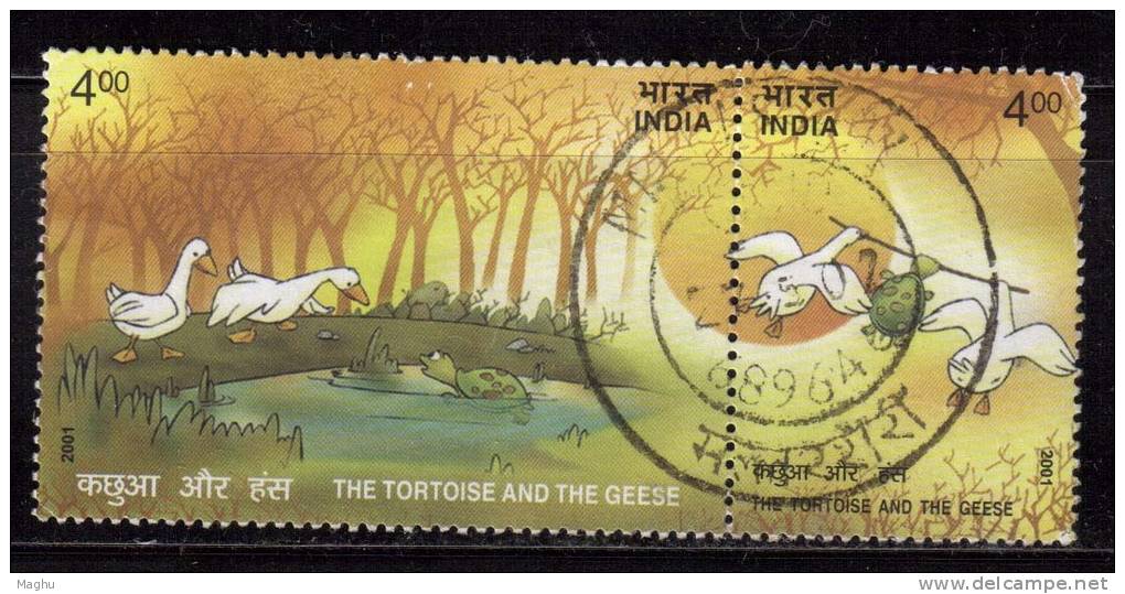 India Se-tenent Used, Pair, Stories From Panchatantra, Geese, Tortoise, Bird, - Oblitérés