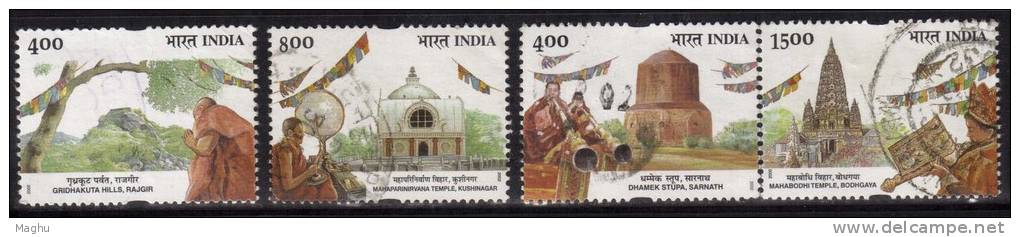 India Used 2002, Set Of 4, Bauddha Mohatsav, Buddha, Bhuddhism Religion, Music Instrument, Rajgir, Dhamek Sarnath, - Used Stamps