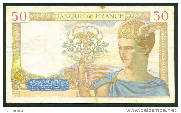 FRANCE , 50 FRANCS 21.2.1935. CERES - 50 F 1934-1940 ''Cérès''