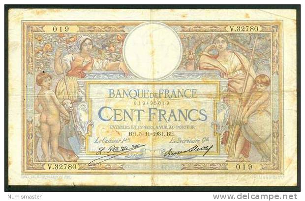 100 FRANCS , 5.11.1931. LUC OLIVIER MERSON - 100 F 1908-1939 ''Luc Olivier Merson''