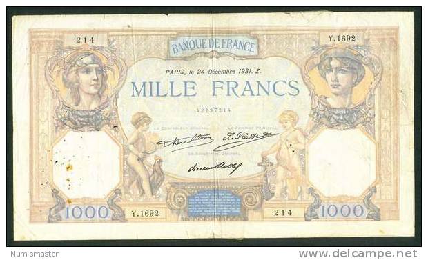 1000 FRANCS , 24.12.1931. CERES E MERCURE - 1 000 F 1927-1940 ''Cérès Et Mercure''