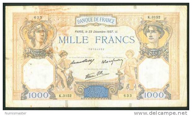 1000 FRANCS , 23.12.1937. CERES E MERCURE - 1 000 F 1927-1940 ''Cérès Et Mercure''