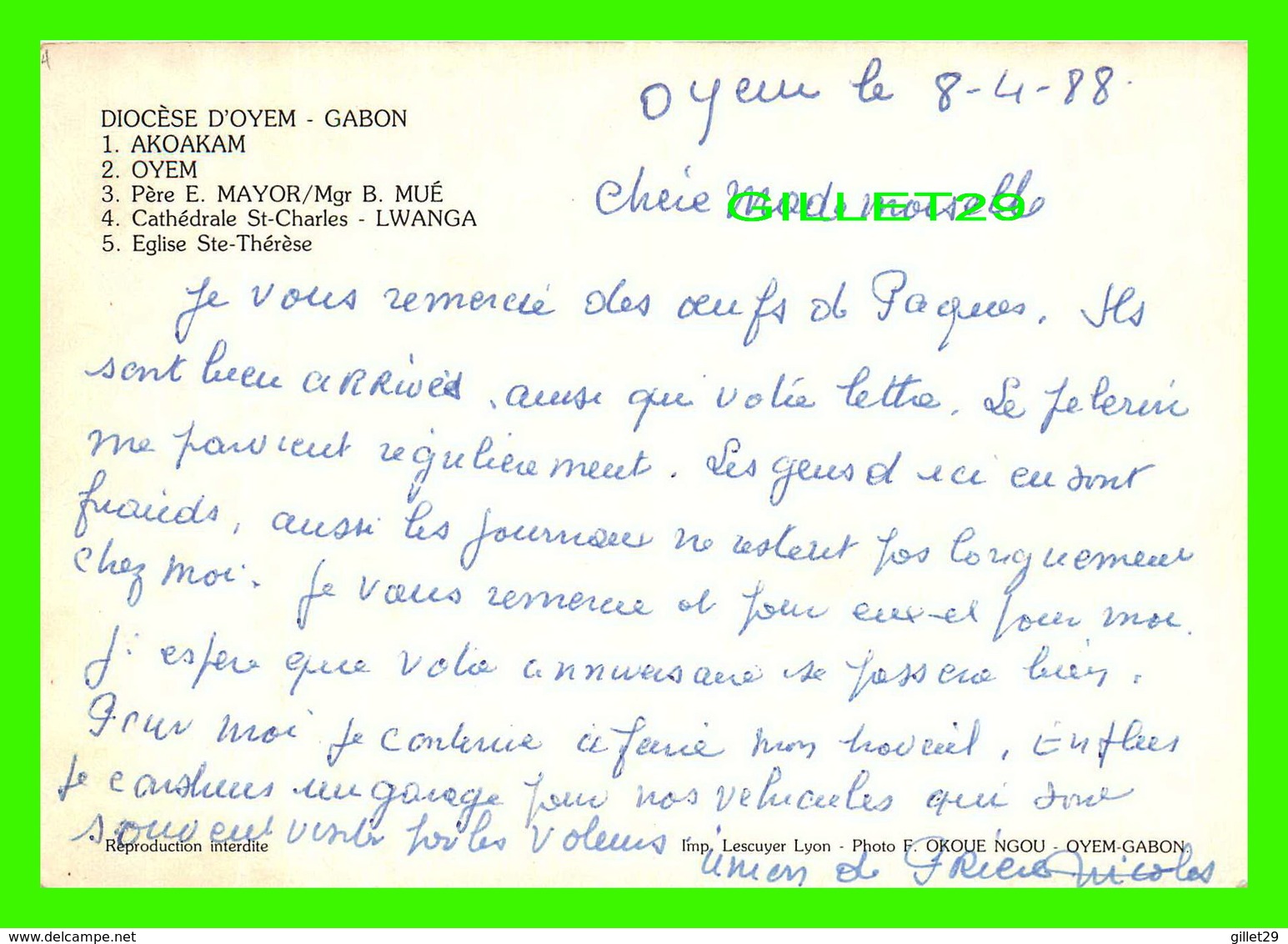 GABON, AFRIQUE - DIOCÈSE D'OYEM - 5 MULTIVUES - CIRCULÉE EN 1988 - PHOTO OKOUE NGOU - - Gabon