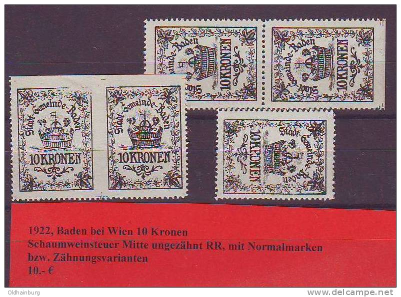 017f5: Austria- Autriche: Baden Schaumweinsteuer 1922 Abart ** - Seals Of Generality