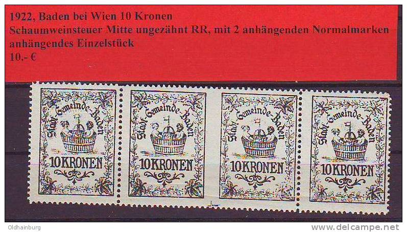 017f3: Austria- Autriche: Baden Schaumweinsteuer 1922 Abart ** - Cachets Généralité