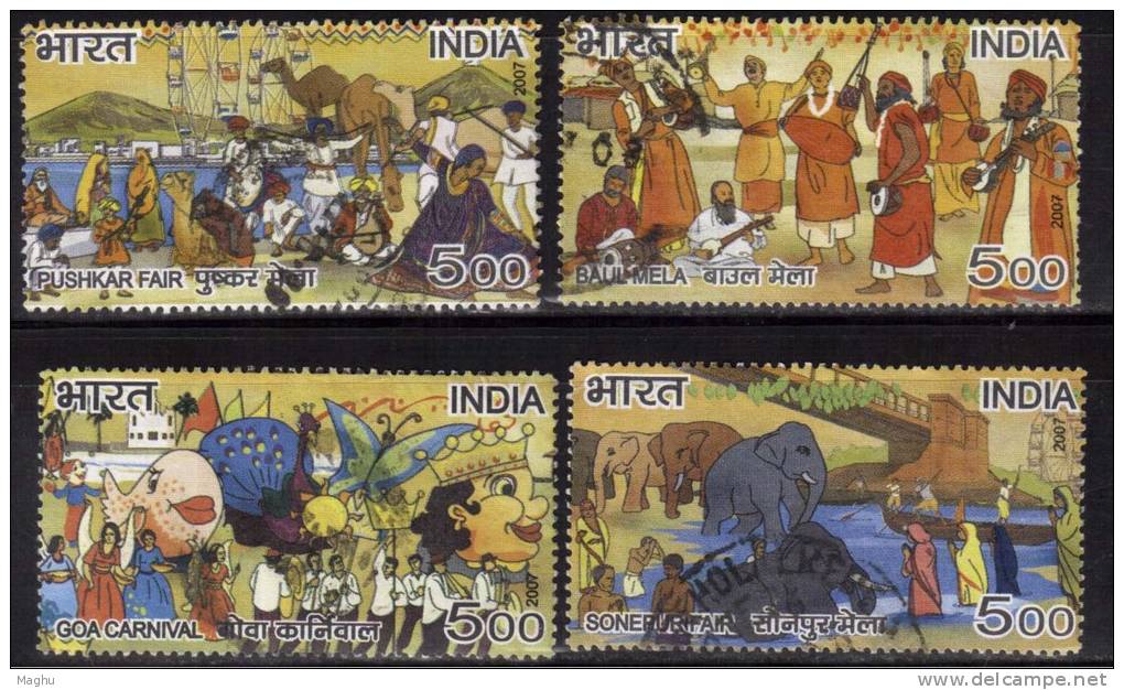 India Used 2007, Set Of 4, Fairs Puskar, Sonepur, Goa Carnival, Baul Mela, Elephant, Butterfly, Music, Fish, Camel, - Oblitérés