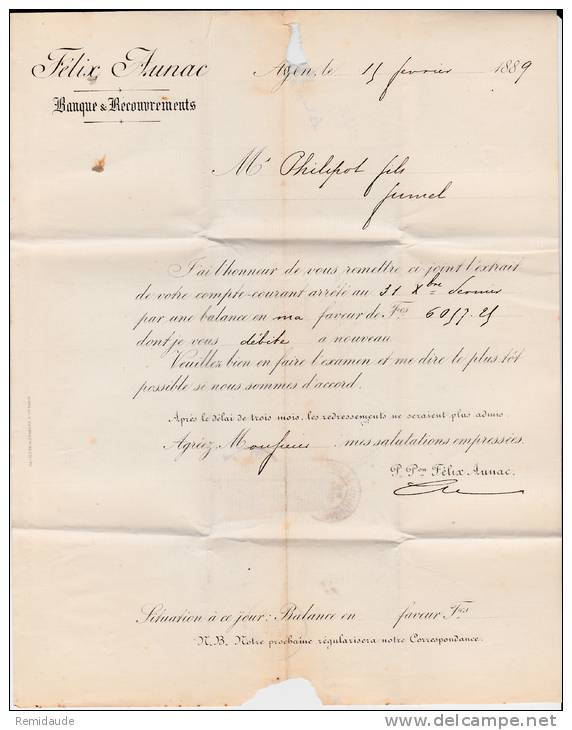 1889 - SAGE - PERFORES F.A (FELIX AUNAC) Sur LETTRE De AGEN (LOT ET GARONNE) Pour FUMEL - AFFRANCHISSEMENT 50c RARE - Autres & Non Classés