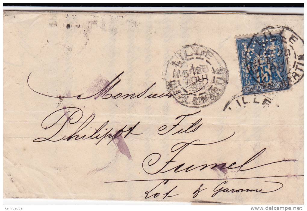 1888 - SAGE - PERFORES V.D (VERLEY DELCROIX) Sur LETTRE De LILLE (NORD) Pour FUMEL - - Other & Unclassified