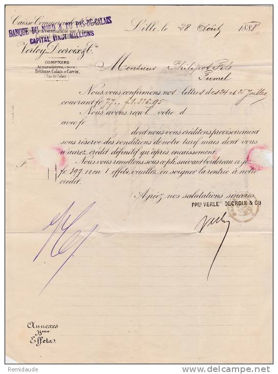 1888 - SAGE - PERFORES V.D (VERLEY DELCROIX) Sur LETTRE De LILLE (NORD) Pour FUMEL - - Autres & Non Classés