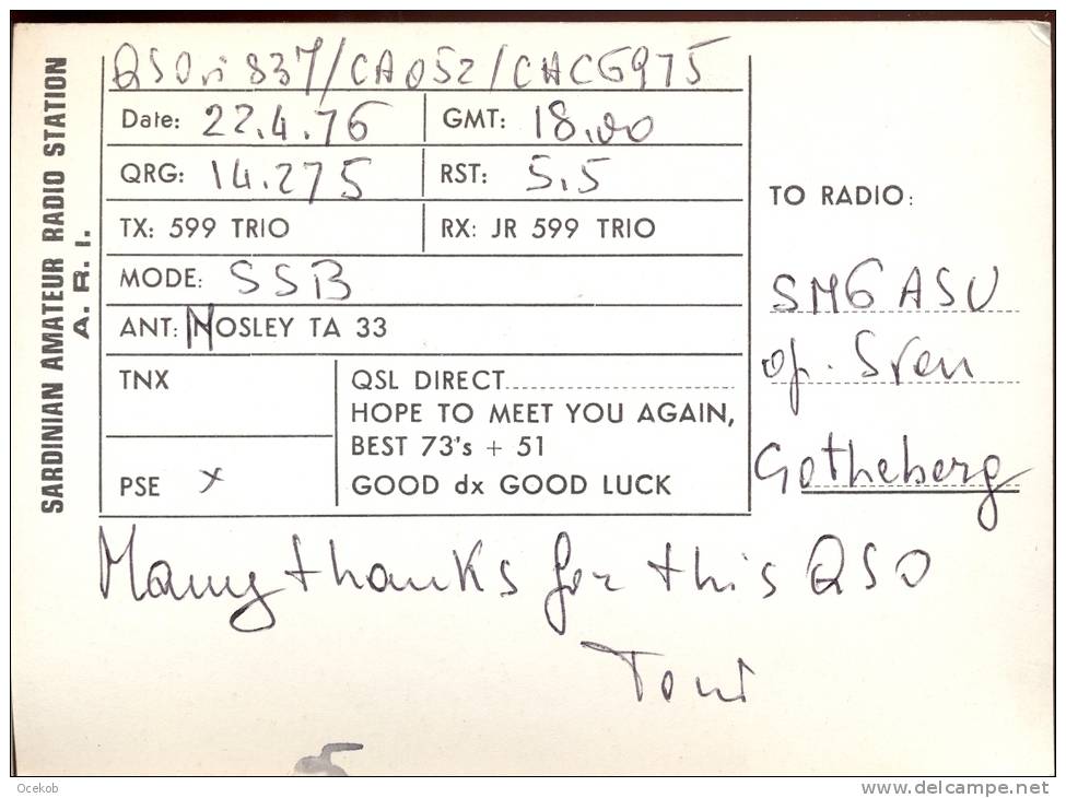 QSL - Antonio Porcu Cagliari - Radio To Gotheberg - 1976 - Other & Unclassified