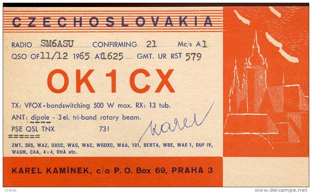 QSL - Radio - Karl Kaminek Praha - Czechoslovakia  1965 - Autres & Non Classés