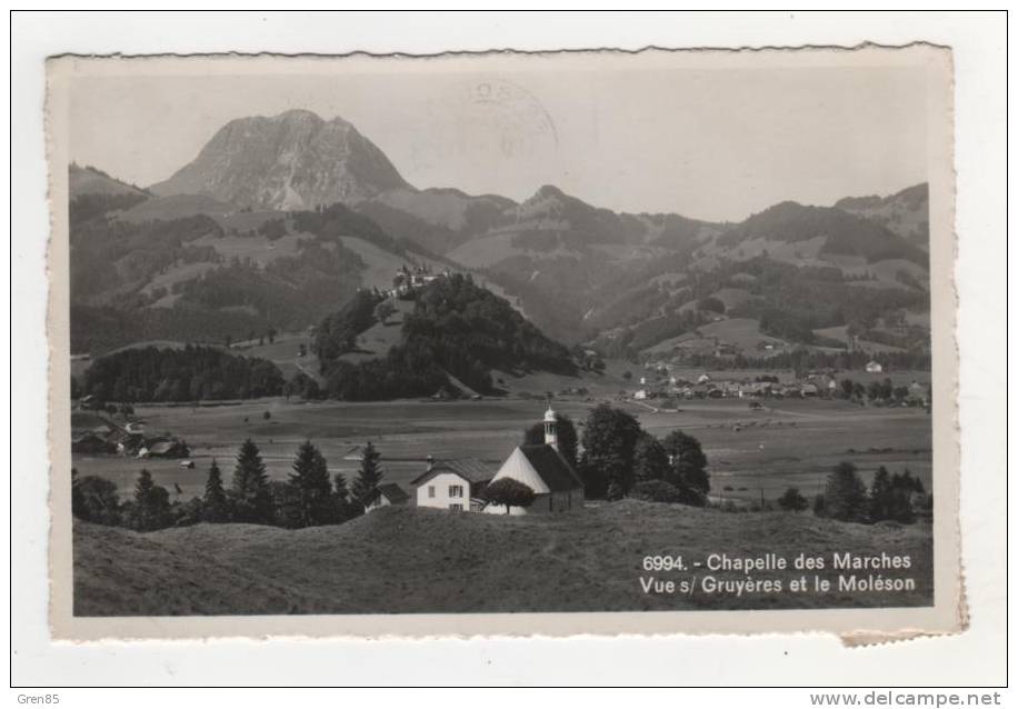 CPSM CHAPELLE DES MARCHES, VUE S/ GRUYERES ET LE MOLESON, Format 9 Cm Sur 14 Cm Environ, FRIBOURG, SUISSE - Chapelle