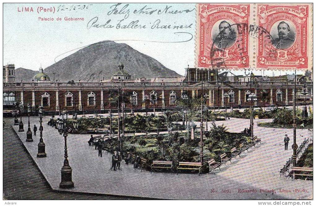 1901, Perou - Peru, LIMA, Palacio De Gobierno, Gel.1905, Schöne Doppelfrankierung (zusammenhängendes Paar), 3 Stempel - Peru