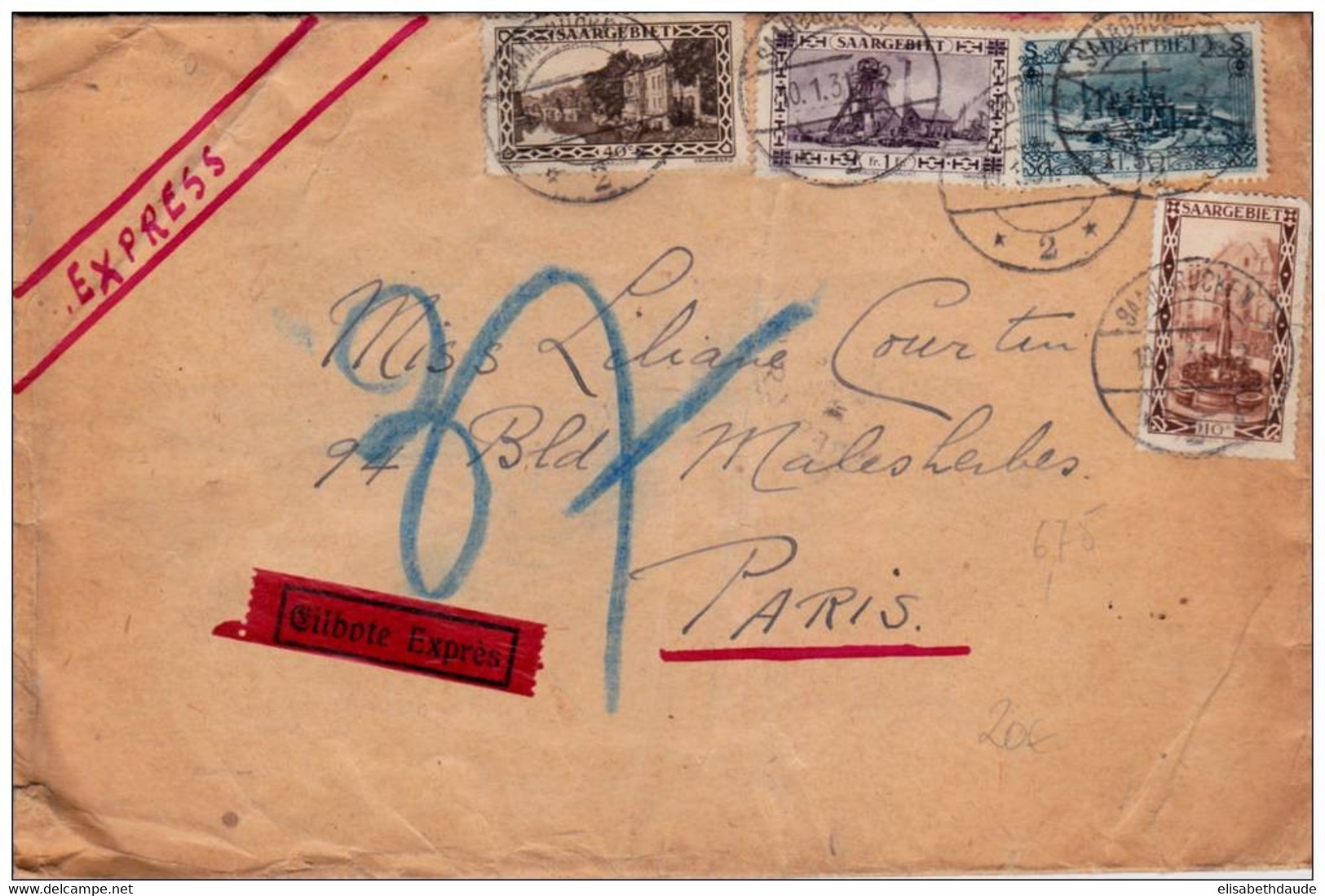 SAAR/SARRE - 1931 - ENVELOPPE Par EXPRES ! De SAARBRÜCKEN Pour PARIS Avec CACHET PNEUMATIQUE Au DOS - Storia Postale