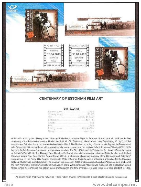 Cinema Estonia 2012  Stamp Presentation Card (english) Centenary Of Estonian Film Art Mi 732 - Cinema