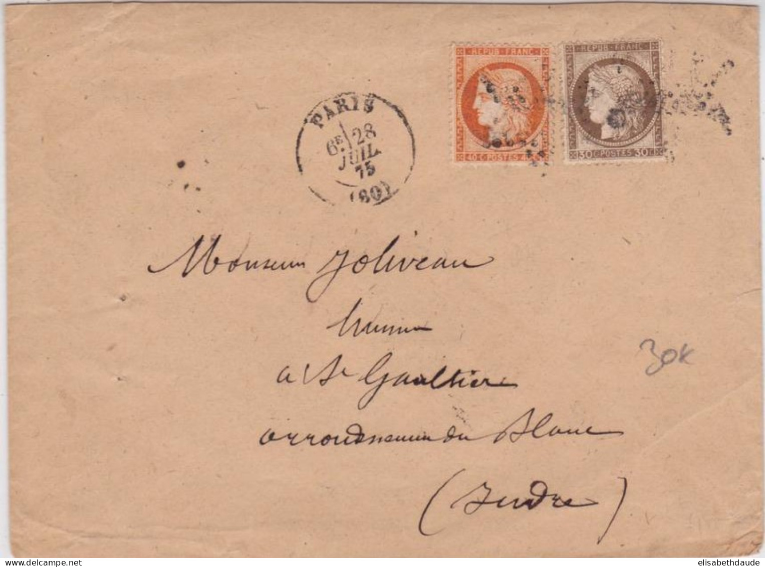 CERES + SIEGE - 1875 - ENVELOPPE De PARIS Pour ST GAULTIER (INDRE) - 1871-1875 Cérès