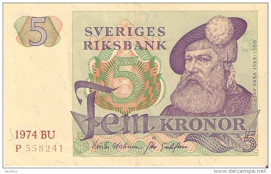 BILLETE DE SUECIA DE 5 CORONAS DEL AÑO 1974 CALIDAD EBC+  (BANKNOTE) - Sweden