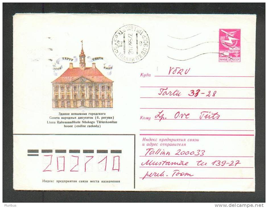 ESTONIA RUSSIA  USSR  POSTAL STATIONERY  COVER ,  TARTU CITY HALL,  USED   1985 - Briefe U. Dokumente