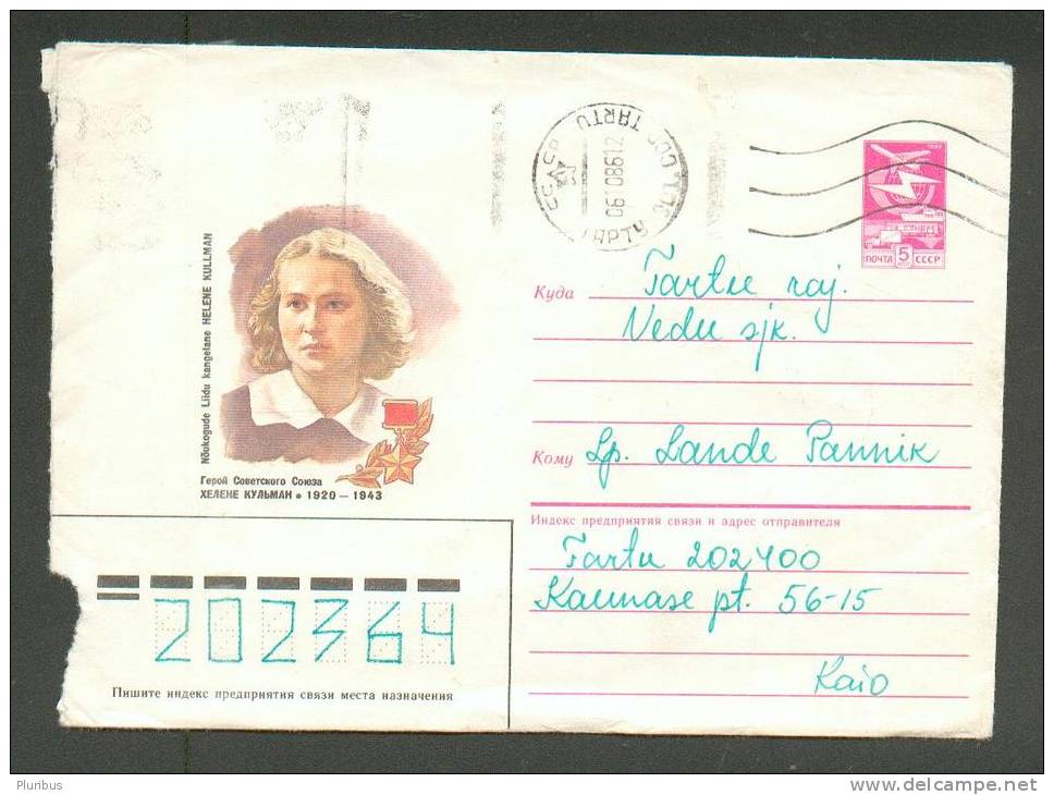 ESTONIA RUSSIA  USSR  POSTAL STATIONERY  COVER ,  HERO OF SOVIET UNION ESTONIAN PARTISAN HELENE KULLMAN ,  USED 1986 - Lettres & Documents