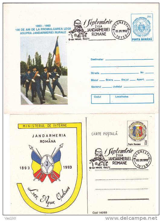 JANDARMERY DAY, 1993, 2X, CARD AND COVER STATIONERY, ENTIER POSTAL, OBLITERATION CONCORDANTE, ROMANIA - Police - Gendarmerie