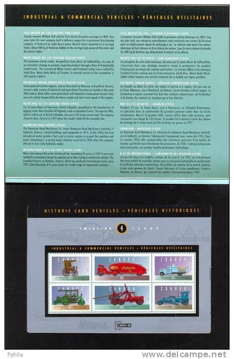 1996 CANADA CAPEX - HISTORIC LAND VEHICLES SOUVENIR SHEET IN SPECIAL FOLDER MICHEL: B17 MNH ** - Blocs-feuillets