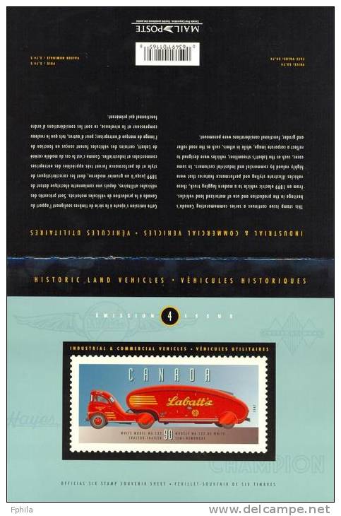 1996 CANADA CAPEX - HISTORIC LAND VEHICLES SOUVENIR SHEET IN SPECIAL FOLDER MICHEL: B17 MNH ** - Blocks & Sheetlets