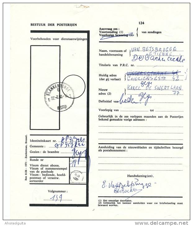 Document Aanvraag Om Voortzending - TP Divers BLANKENBERGE 1 1980 --  B8/987 - Dépliants De La Poste