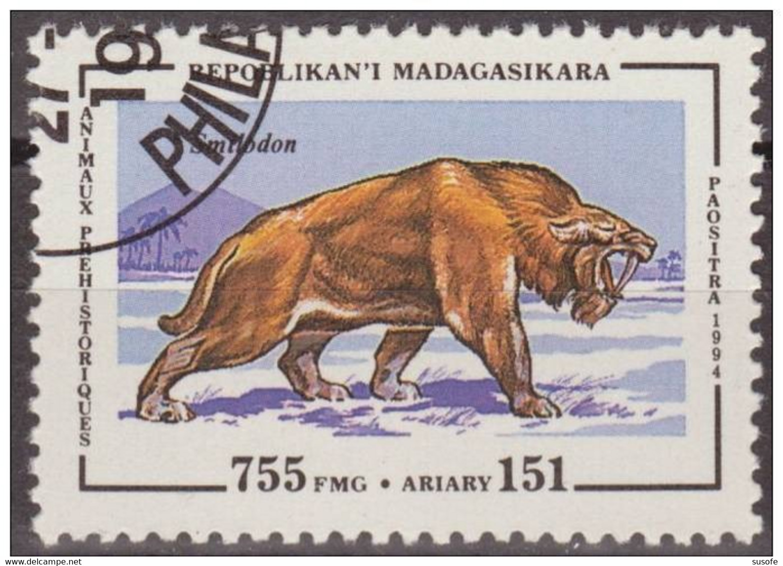 Madagascar 1994 Scott 1179 Sello * Animales Prehistoricos Smilodon Michel 1680 Yvert 1343 Malagasy Stamps Timbre - Madagascar (1960-...)