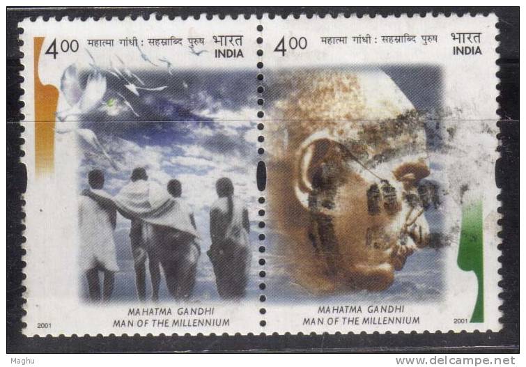 Se-tenent Used India 2001, Mahatma Gandhi Man Of Millennium, Salt March - Usati