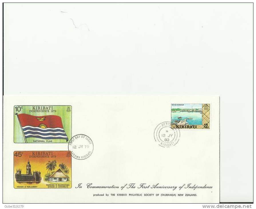 KIRIBATI 1980 - FDC FIRST ANNIVERSARY OF INDIPENDENCE DOUBLE POSTMARK 12 JLY 79 TARAWA -BETIO 12 JLY 80- 1 STAMP 12 C - Kiribati (1979-...)