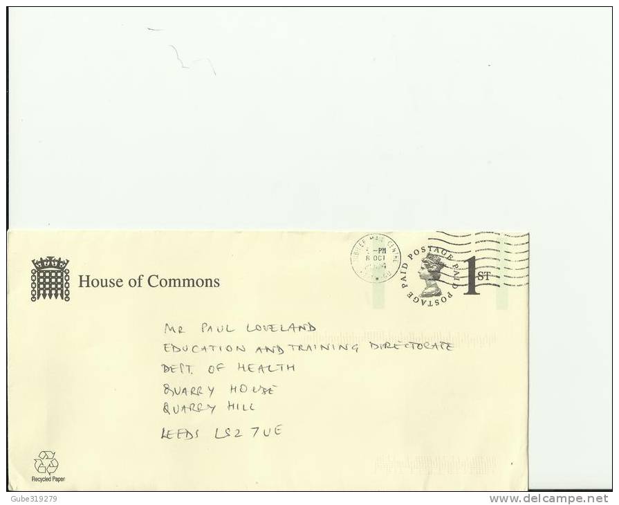 GREAT BRITAIN 2004  - USED ADDRESSED POSTAGE PAID 1ST ENVELOPE OF HOUSE OF COMMONS  POSTMARKED OCT. 8, 2004 JUBELEE MAIL - Tasse