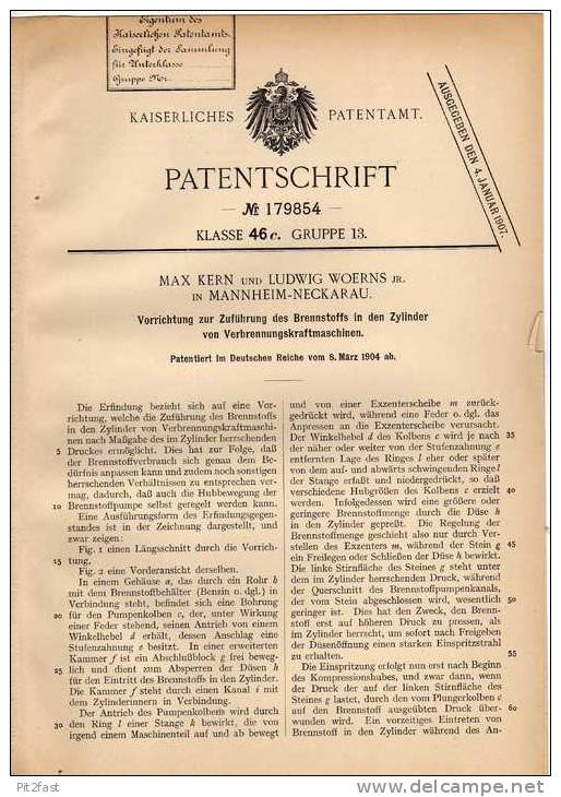 Original Patentschrift - M- Kern In Mannheim - Neckarau , 1904 , Brennstoffzuführung Vür Motoren !!! - Machines