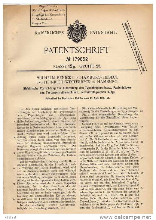 Original Patentschrift - W. Benicke In Hamburg - Eilbeck , 1903 , Schreibtelegraph Und Schreibmaschine , Vorrichtung !!! - Machines