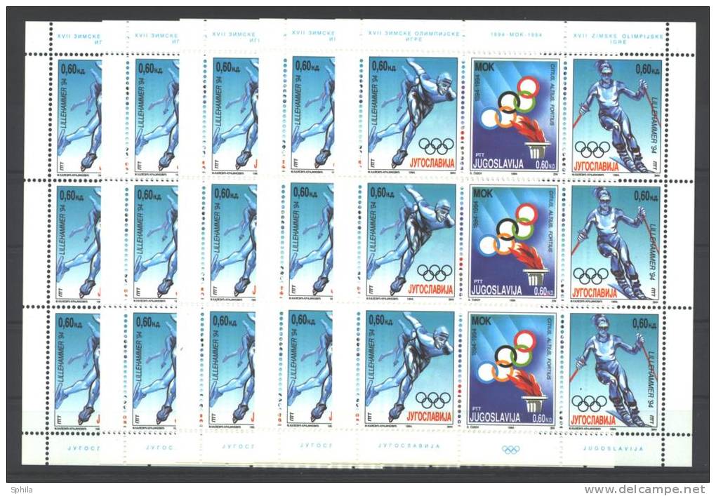 Jugoslawien – Yugoslavia 1994 Winter Olympics In Lillehammer And IOC Centenary Mini Sheet Of 9 MNH, 5 X; Mi.2654-56 - Hojas Y Bloques