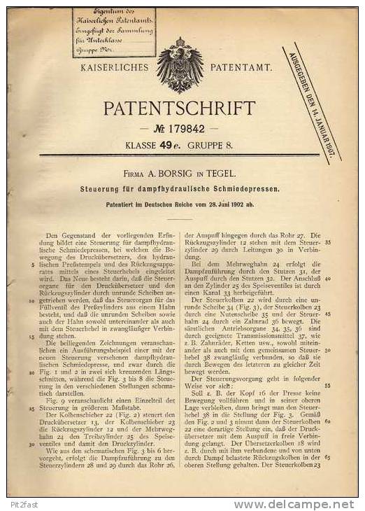 Original Patentschrift - Fa. Borsig In Tegel , 1902 , Dampfhydraulische Schmiedepresse , Steuerung , Presse !!! - Machines
