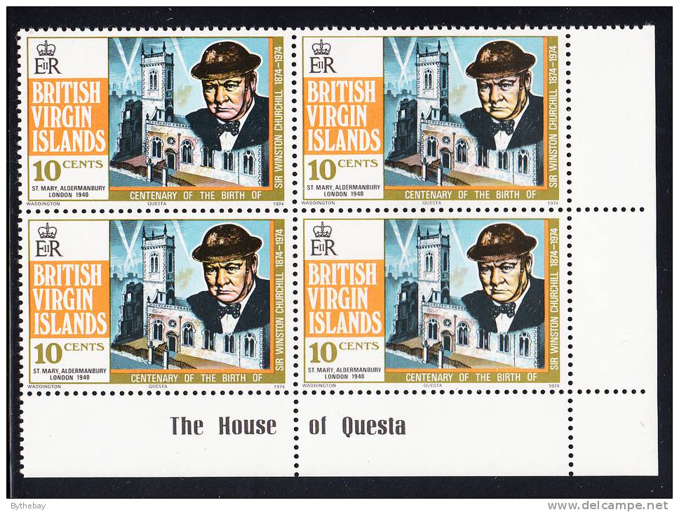 British Virgin Islands MNH Scott #278 10c Sir Winston Churchill's Birth Centenary Lower Right Plate Block - Britse Maagdeneilanden
