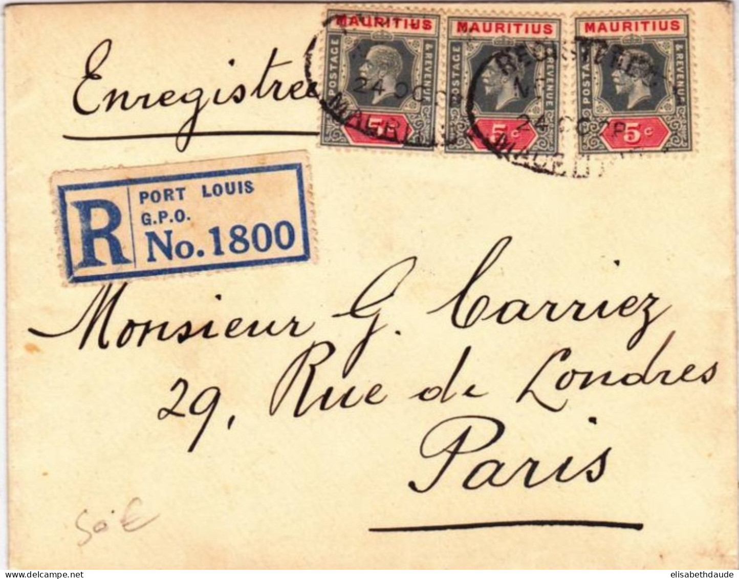 MAURITIUS - 1928 -  ENVELOPPE RECOMMANDEE De PORT-LOUIS Pour PARIS - RARE - Mauricio (...-1967)