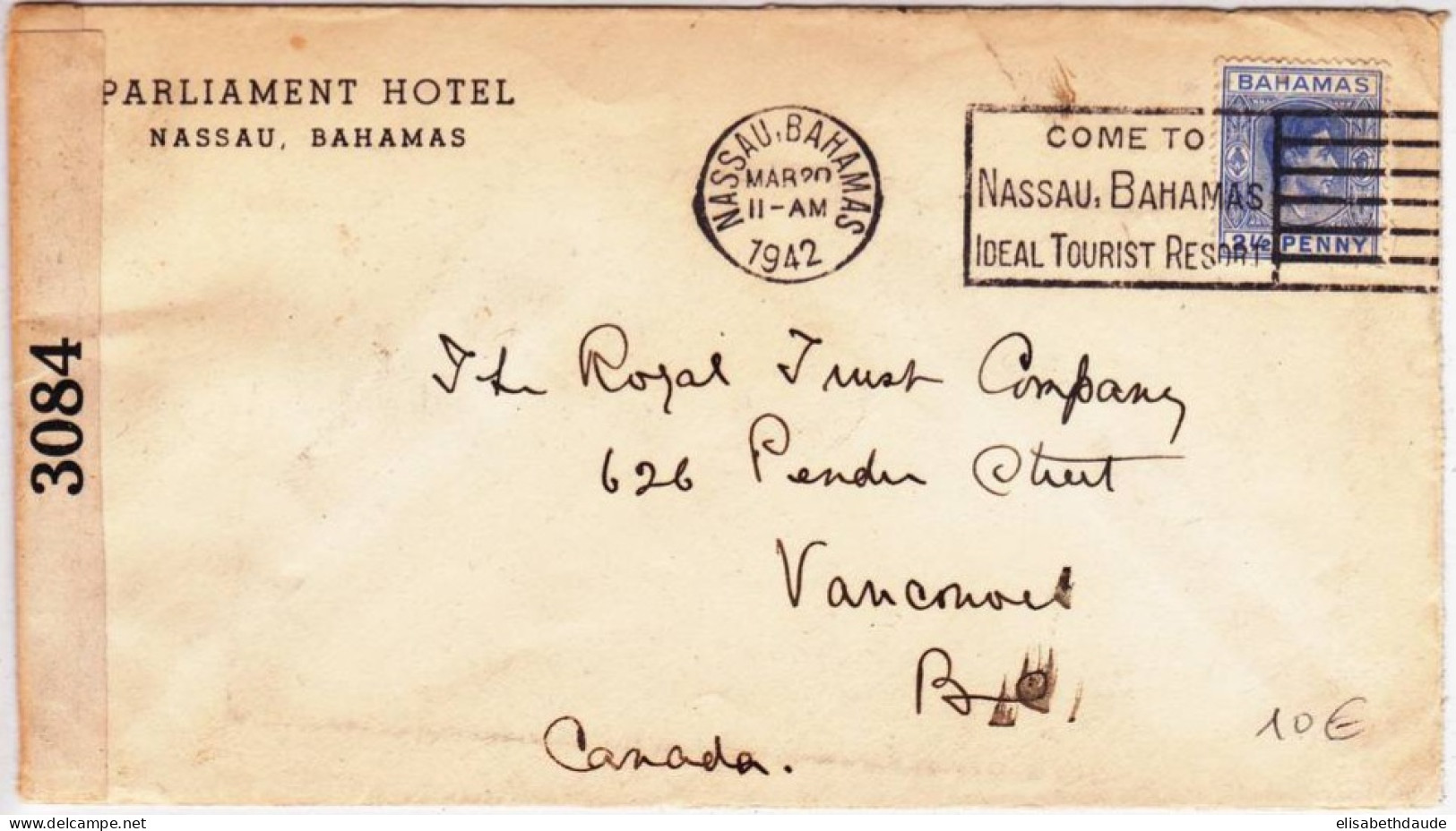 BAHAMAS - 1942 -  ENVELOPPE Avec CENSURE De NASSAU Pour Le CANADA (VANCOUVER) - OBLITERATION MECA "TOURISM" - 1859-1963 Colonia Británica