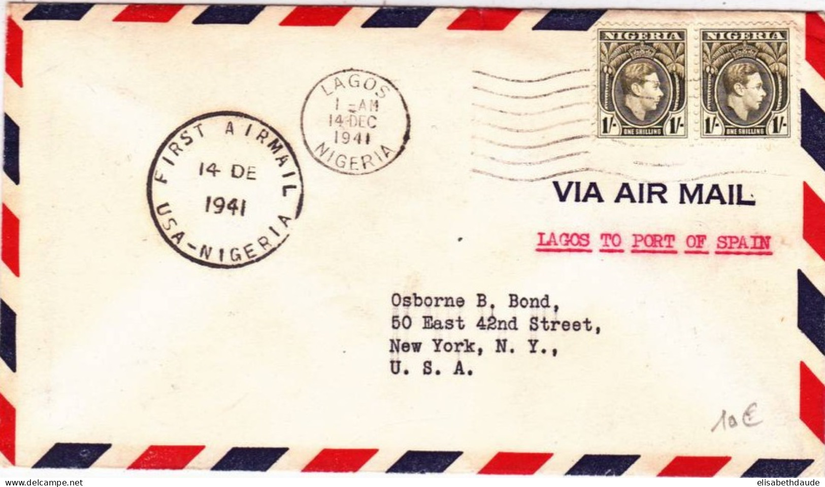 NIGERIA - 1941 - ENVELOPPE 1° VOL De LAGOS Pour NY (USA) - RARE - Nigeria (...-1960)