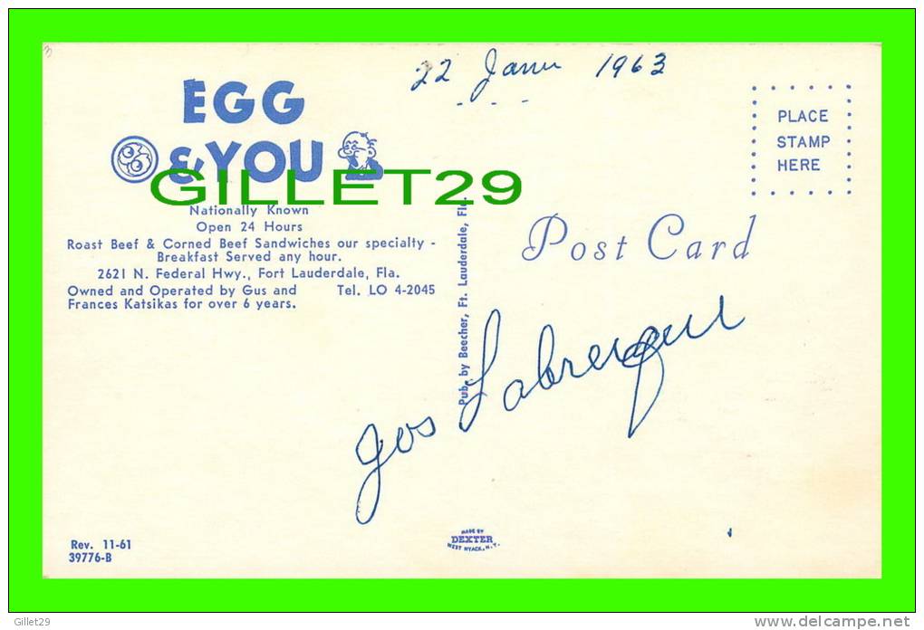 FORT LAUDERDALE, FL - EGG E'YOU RESTAURANT - WRITTEN IN 1963 - PUB BY BEECHER - DEXTER PRESS - - Fort Lauderdale