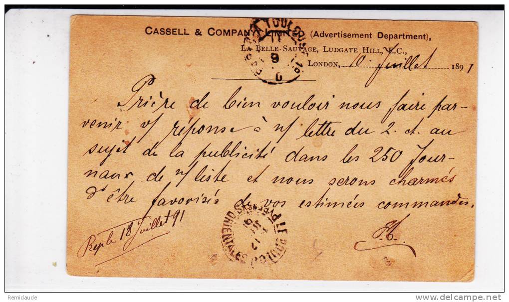 GB - 1891 - CARTE POSTALE ENTIER Avec REPIQUAGE PRIVE De CASSELL  à LONDRES - Postwaardestukken